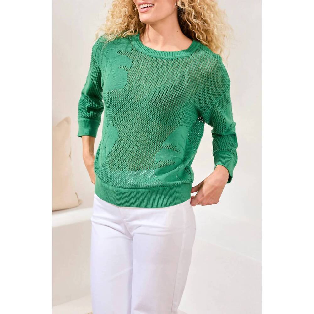 NEW TRIBAL crochet knit crew neck sweater in grass